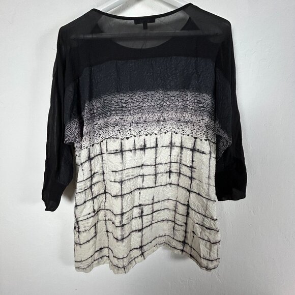 Dressori Womens Sheer Black/White Abstract Grid Textured Silk Tunic Top Medium - Picture 2 of 9